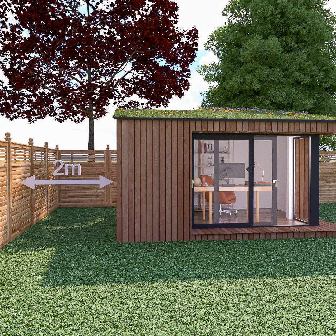 A mono pitched roof garden office must be positioned at least 2m from each boundary