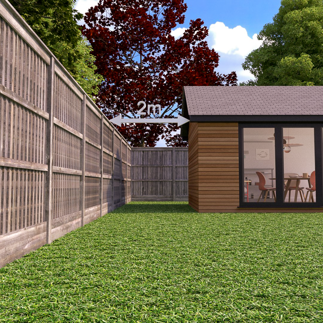 A dual pitched roof garden office must be positioned at least 2m from each boundary