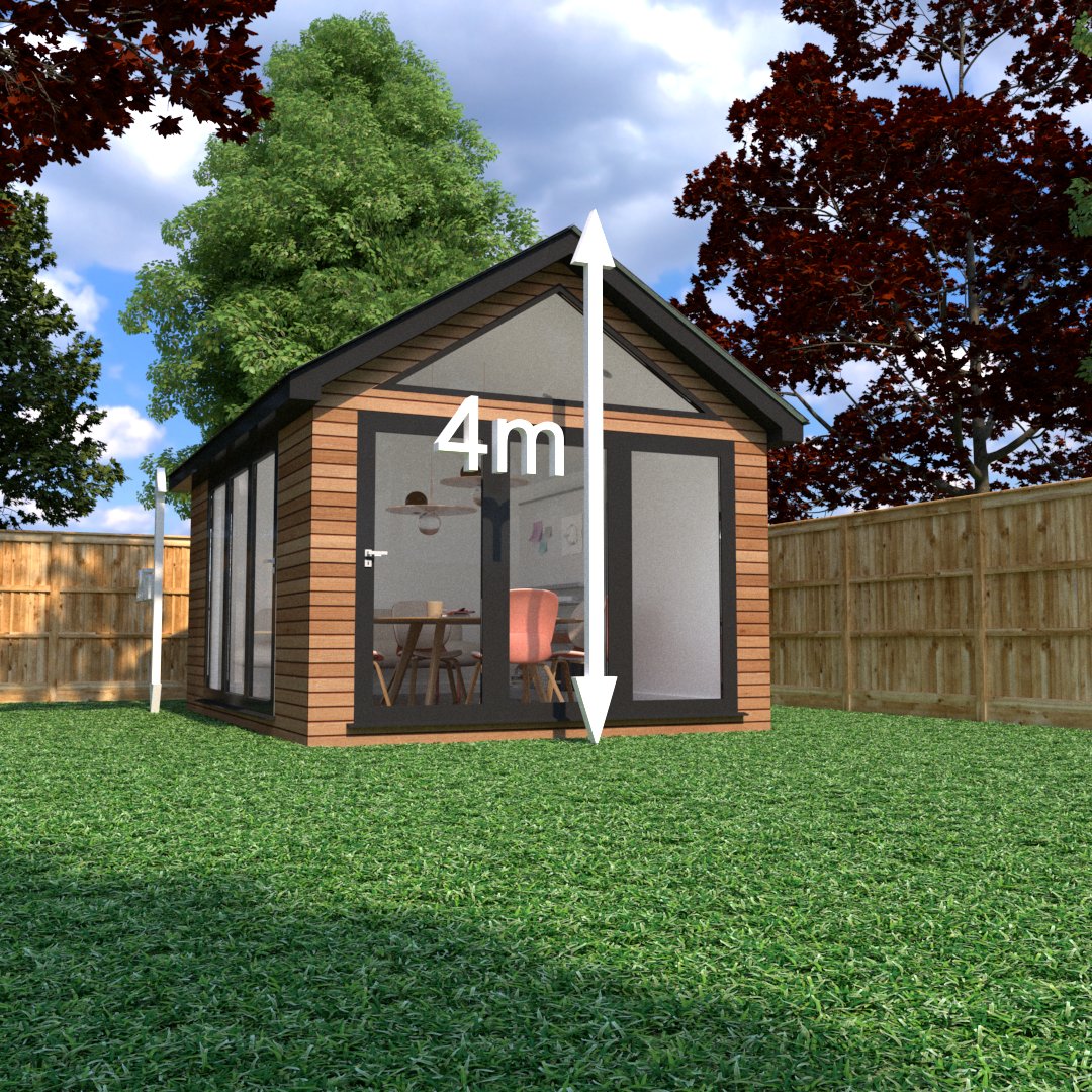 A dual pitched roof garden office should be no taller than 4m at the ridge