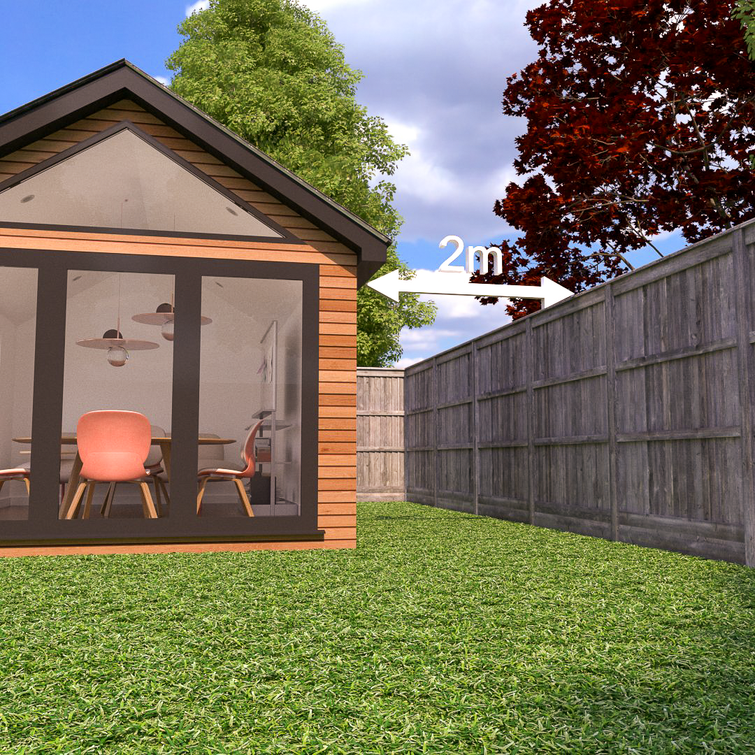 A dual pitched roof garden office must be positioned at least 2m from each boundary